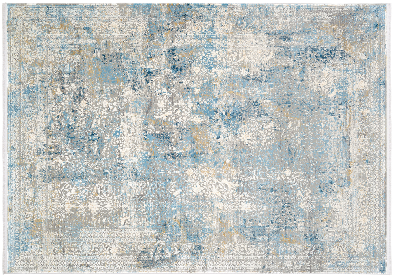 Designer Teppich mit abstraktem Muster in Blau- und Grautönen, Draufsicht