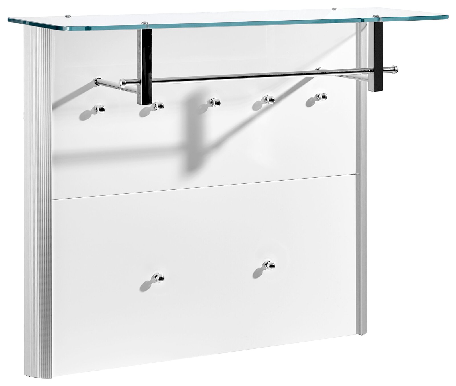 Moderano Garderobenpaneel MILANO Modernes Garderobenpaneel mit Glasablage und mehreren Haken, seitliche Perspektive