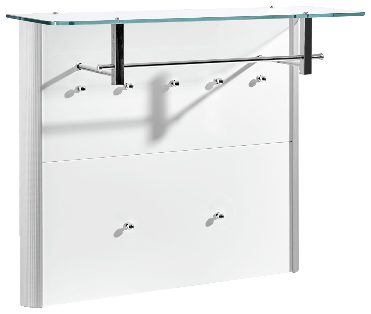 Moderano Garderobenpaneel MILANO Modernes Garderobenpaneel mit Glasablage und mehreren Haken, seitliche Perspektive