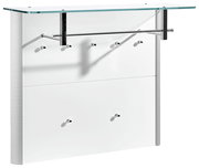 Modernes Garderobenpaneel mit Glasablage und mehreren Haken, seitliche Perspektive