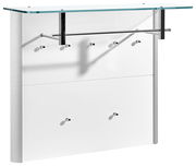 Modernes Garderobenpaneel mit Glasablage und mehreren Haken, seitliche Perspektive