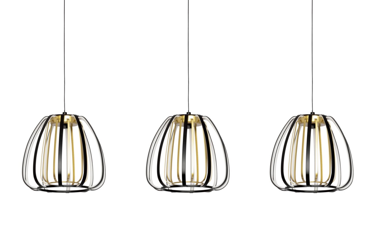 Drei moderne LED-Hängeleuchten mit schwarzem und goldenem Gitterdesign, frontal betrachtet.
