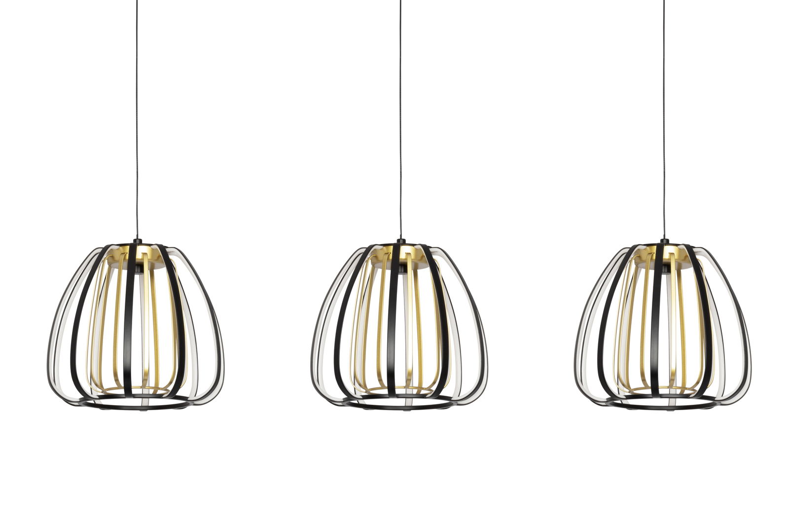 Drei moderne LED-Hängeleuchten mit schwarzem und goldenem Gitterdesign, frontal betrachtet.