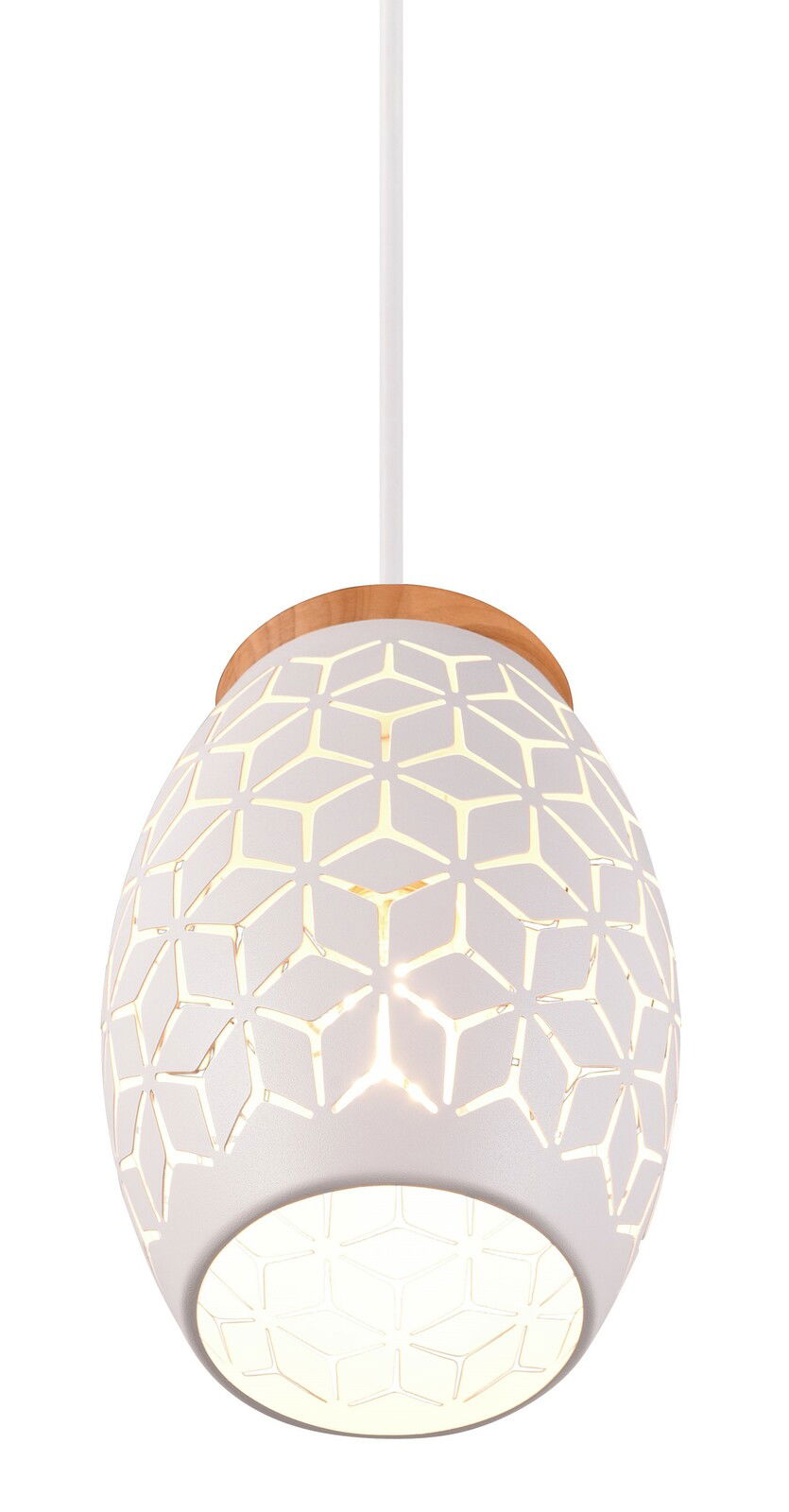 Moderne Pendelleuchte mit geometrischem Muster, seitliche Perspektive