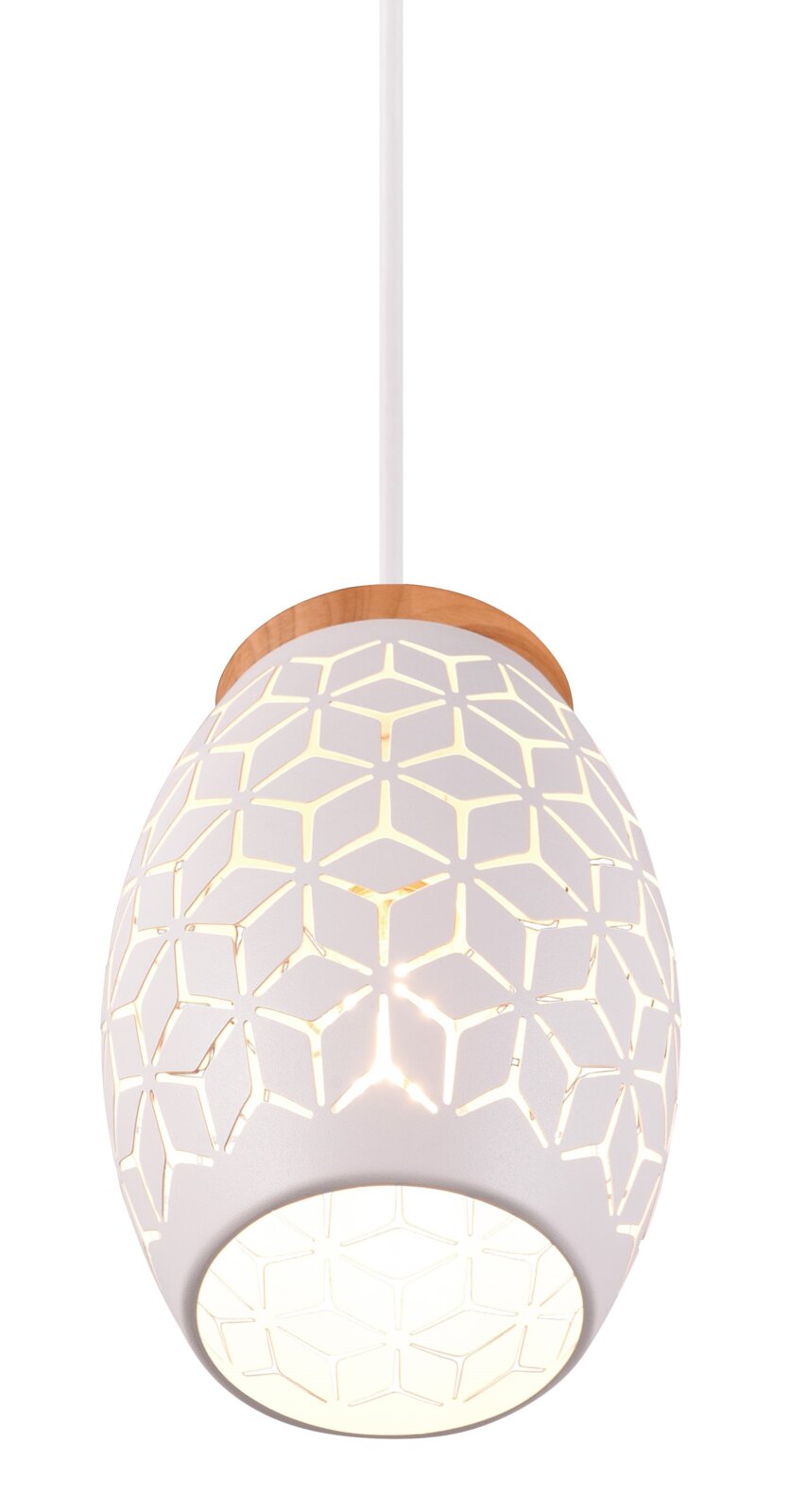 Moderne Pendelleuchte mit geometrischem Muster, seitliche Perspektive