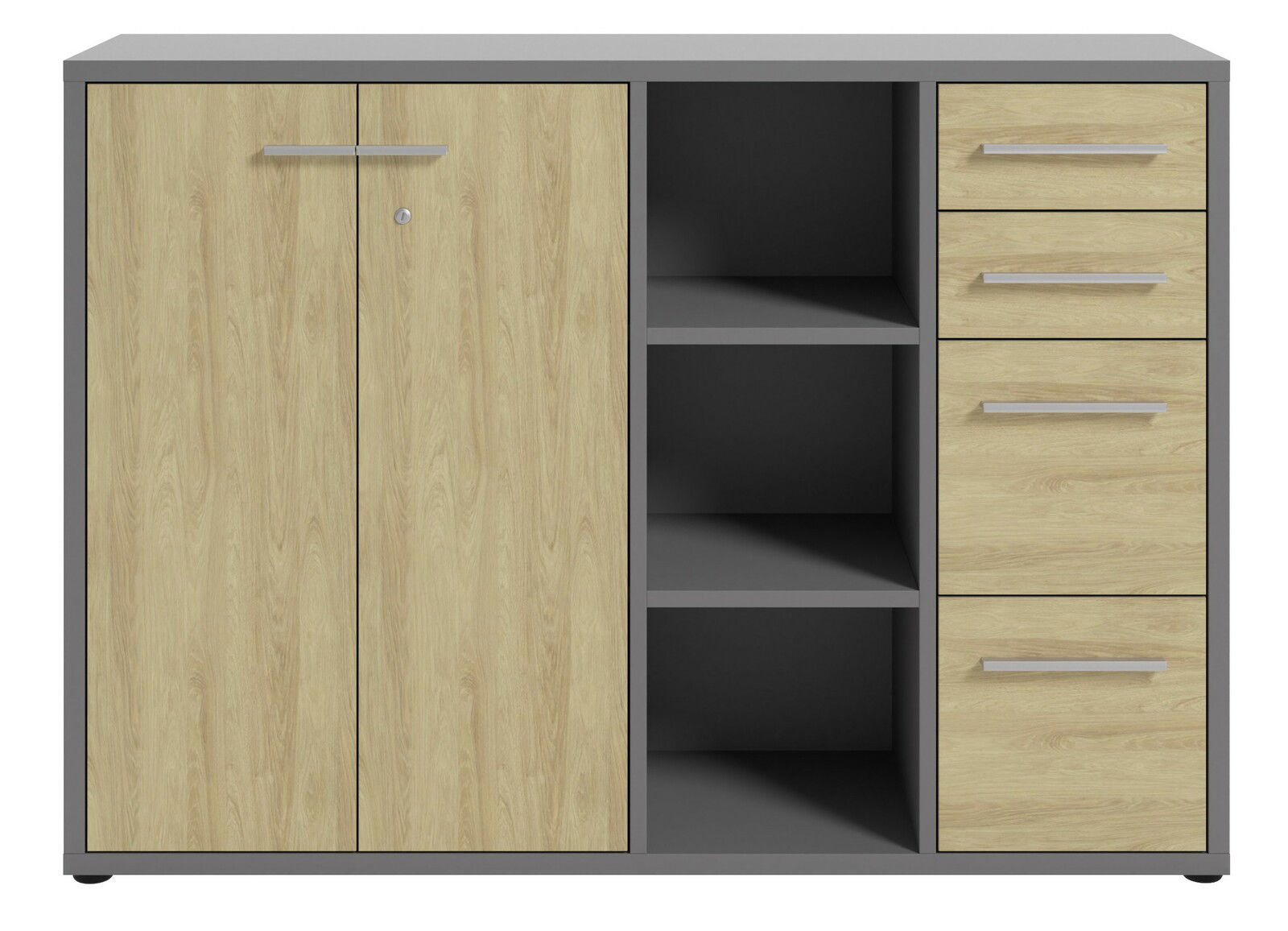 Aktenschrank mit zwei Holztüren, drei offenen Fächern und drei Schubladen, frontal betrachtet.