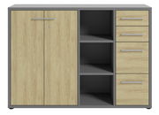 Aktenschrank mit zwei Holztüren, drei offenen Fächern und drei Schubladen, frontal betrachtet.