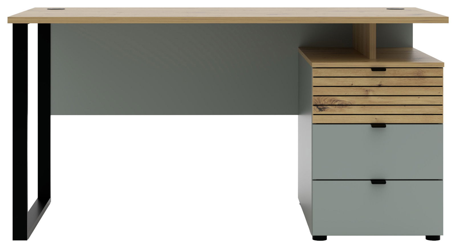 Moderner Schreibtisch mit Holzplatte und integriertem Schubladenschrank, Frontalansicht