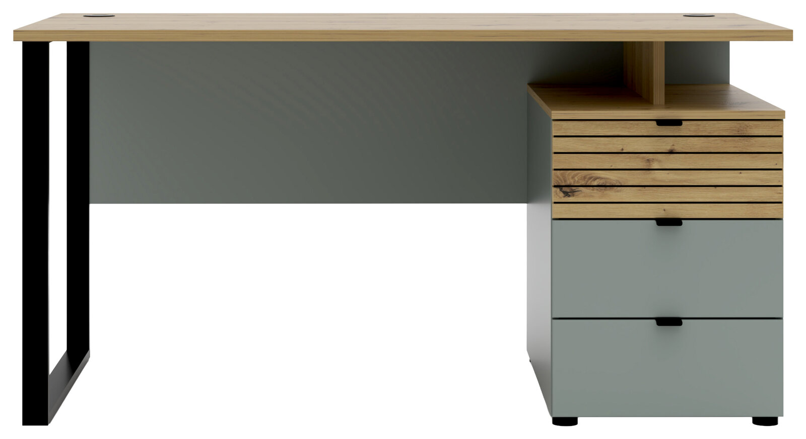 Moderner Schreibtisch mit Holzplatte und integriertem Schubladenschrank, Frontalansicht