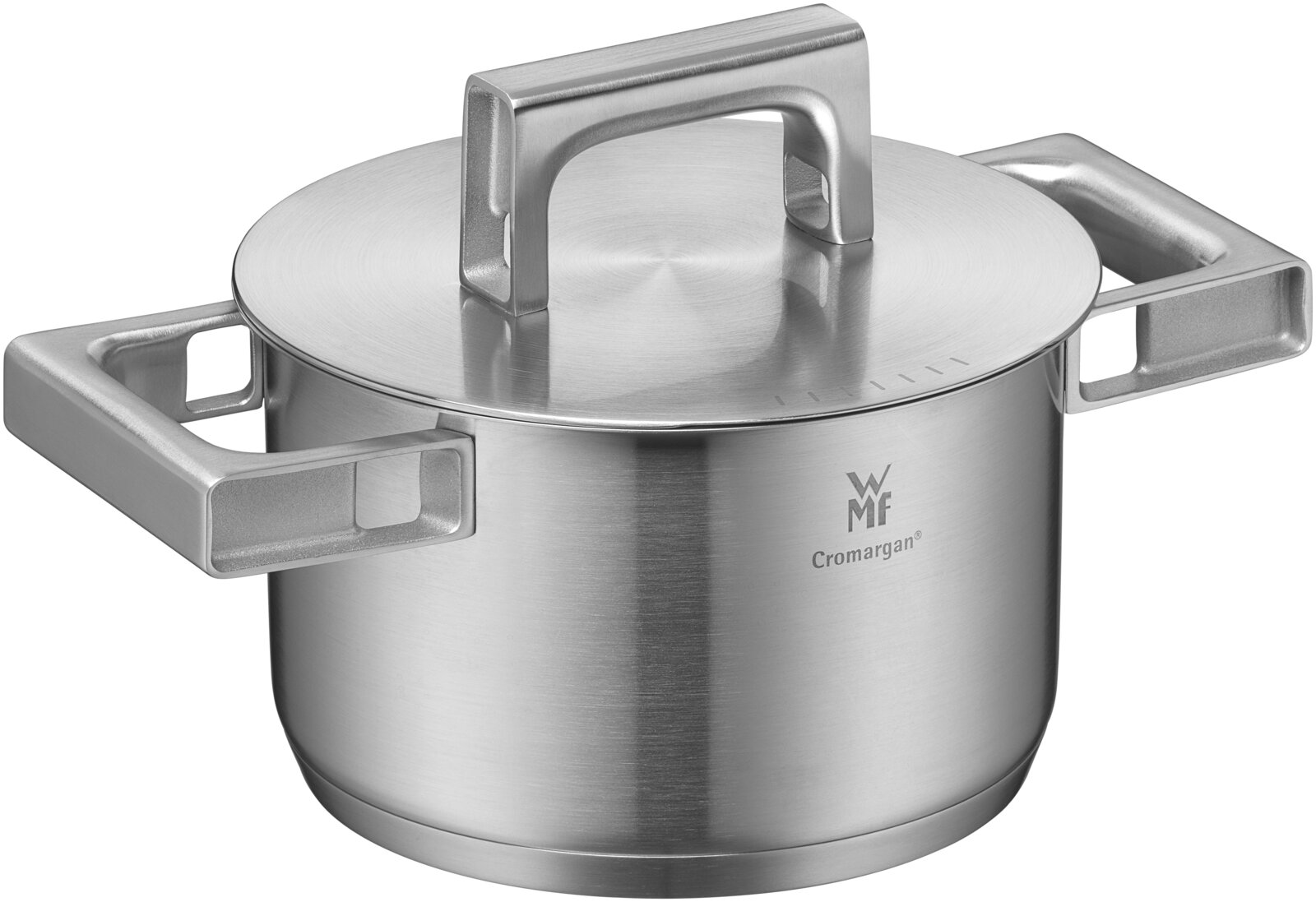 Edelstahl-Kochtopf mit Deckel und zwei eckigen Seitengriffen, WMF Cromargan Logo, Ansicht schräg von vorne oben