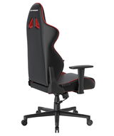 Rückansicht eines Gaming Stuhls Gladiator mit schwarzem und rotem Design, verstellbaren Armlehnen und stabiler Basis.
