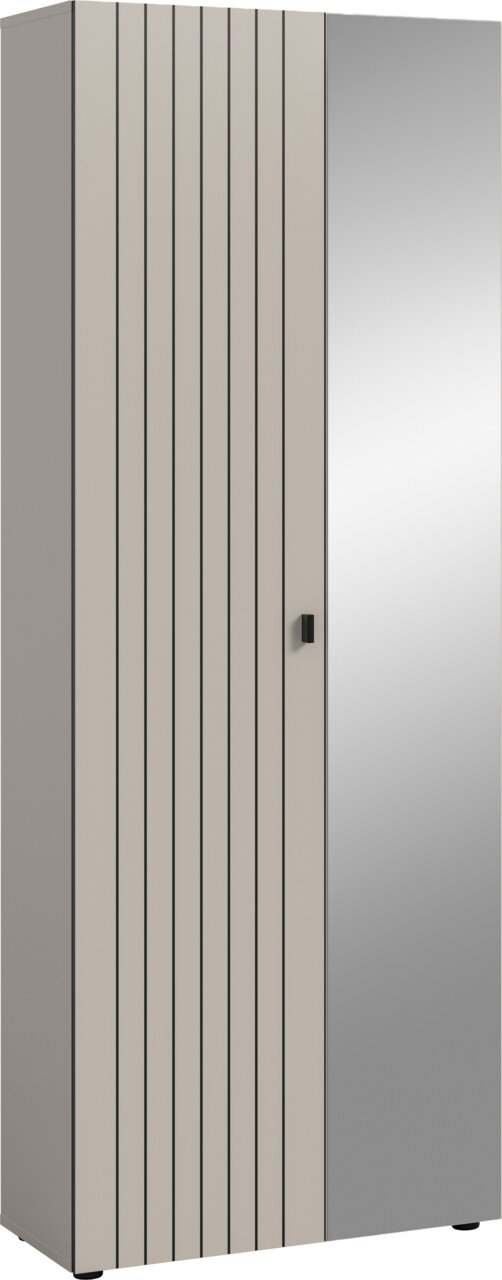 MID.YOU Garderobenschrank STATION Zweitüriger Kleiderschrank in Beige und Grau mit vertikalen Streifen und schwarzem Griff, schräg von vorn in leichter Seitenansicht dargestellt