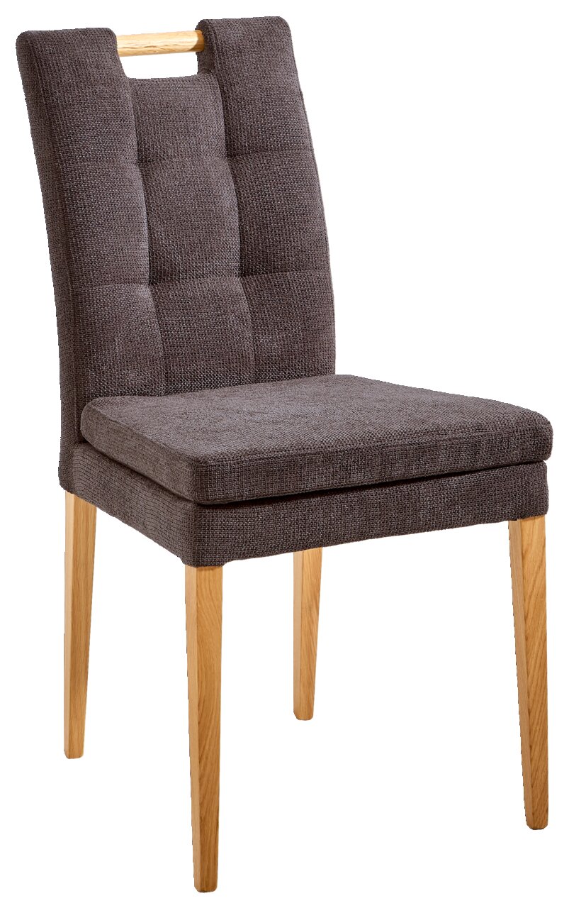 Moderner Stuhl mit gepolsterter Rückenlehne und Sitzfläche in dunklem Stoff, Holzbeine, seitliche Perspektive