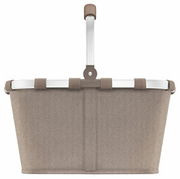 Frontansicht eines braunen Einkaufskorbs mit Aluminiumgriff.