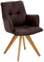 Design-Schalensessel mit braunem Polster und Holzbeinen, seitliche Perspektive