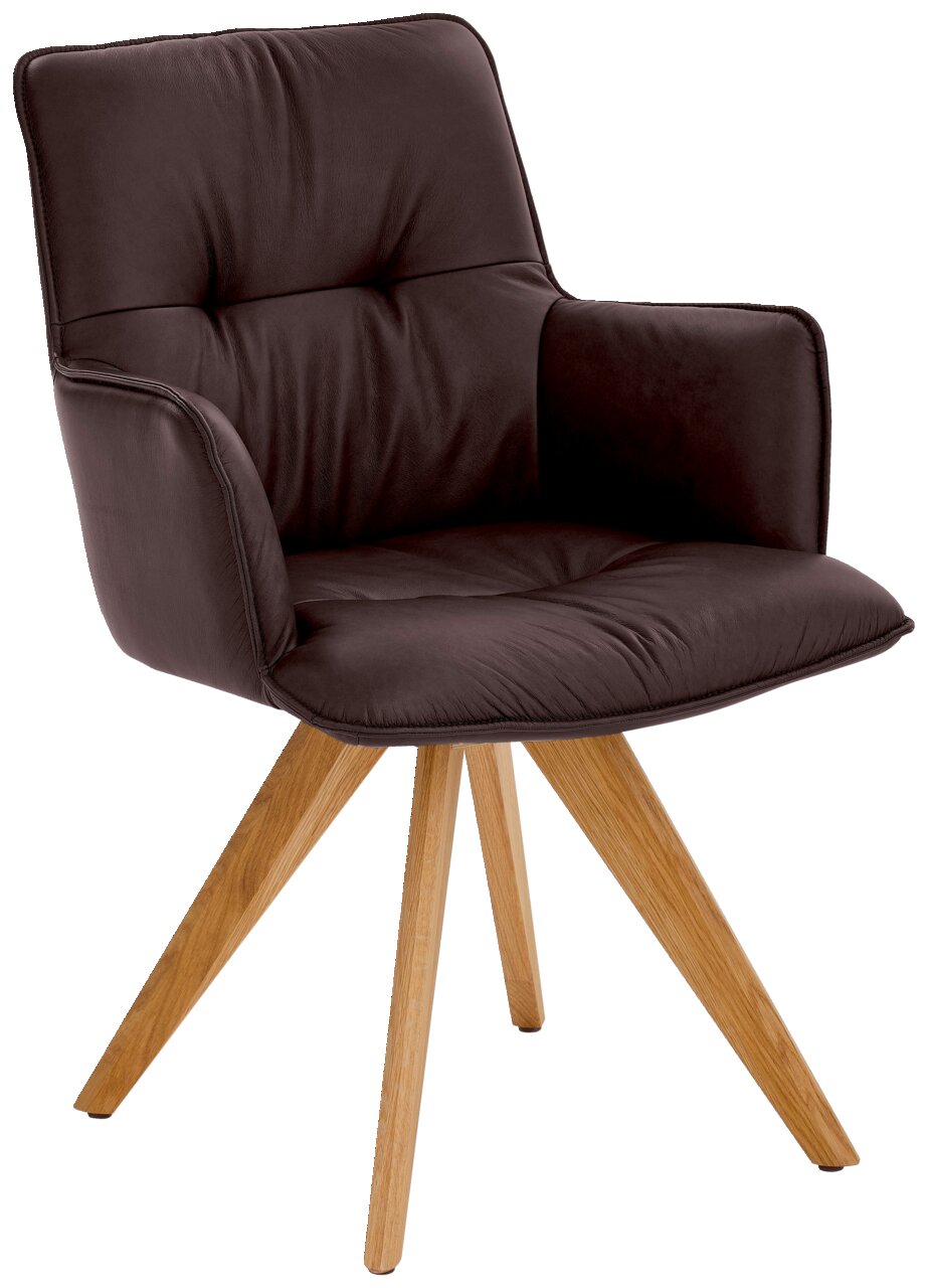 Design-Schalensessel mit braunem Polster und Holzbeinen, seitliche Perspektive