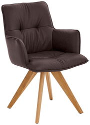Design-Schalensessel mit braunem Polster und Holzbeinen, seitliche Perspektive