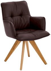 Design-Schalensessel mit braunem Polster und Holzbeinen, seitliche Perspektive