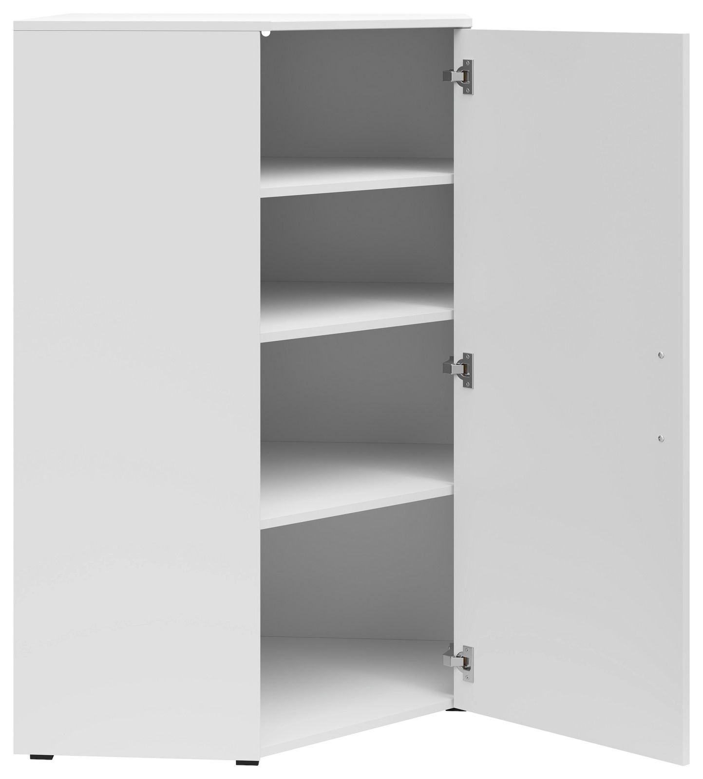 Weiße Eckkommode mit geöffneter Tür, zeigt drei Regalböden, Perspektive von vorne.