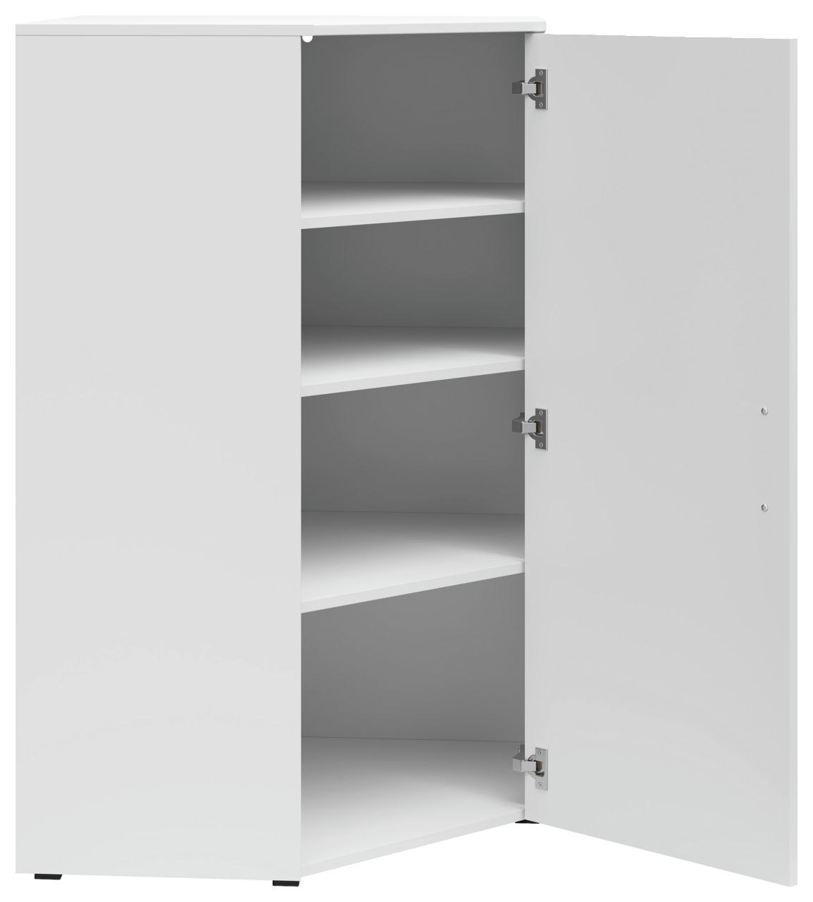 Weiße Eckkommode mit geöffneter Tür, zeigt drei Regalböden, Perspektive von vorne.