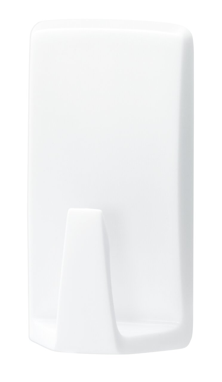 Tesa Powerstrips 2-tlg. WATERPROOF Weißer Wandhaken aus Kunststoff, frontal abgebildet, geeignet für den Einsatz in feuchten Umgebungen.