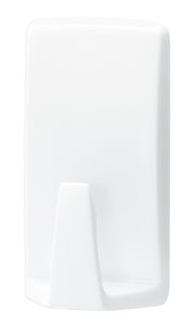 Weißer Wandhaken aus Kunststoff, frontal abgebildet, geeignet für den Einsatz in feuchten Umgebungen.