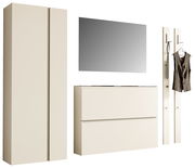 Garderobenset in cremefarbenem Design mit Schrank, Spiegel, Schuhschrank und zwei Wandpaneelen mit Haken, frontale Perspektive