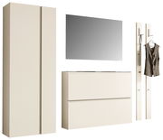 Garderobenset in cremefarbenem Design mit Schrank, Spiegel, Schuhschrank und zwei Wandpaneelen mit Haken, frontale Perspektive