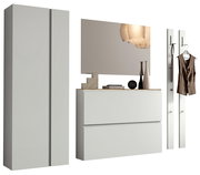 Modernes Garderobenset in Weiß mit Schrank, Spiegel, Kommode und Wandhaken, seitliche Perspektive