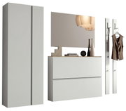 Modernes Garderobenset in Weiß mit Schrank, Spiegel, Kommode und Wandhaken, seitliche Perspektive