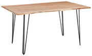Rechteckiger Esstisch aus Holz mit Metallbeinen, seitliche Perspektive