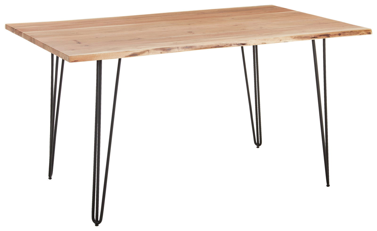 Rechteckiger Esstisch aus Holz mit Metallbeinen, seitliche Perspektive