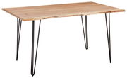 Rechteckiger Esstisch aus Holz mit Metallbeinen, seitliche Perspektive