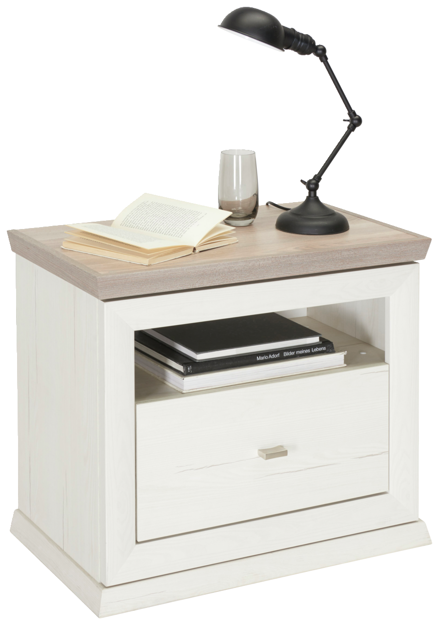 Hom´in Nachtkommode CAMRON Nachtkommode CAMRON in heller Holzoptik mit einer Schublade und einem offenen Fach, darauf eine schwarze Tischlampe, ein Glas und ein aufgeschlagenes Buch, Perspektive von vorne.