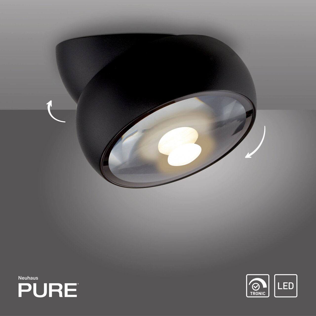 Zwarte led-plafondlamp met draaibare kop, zijaanzicht