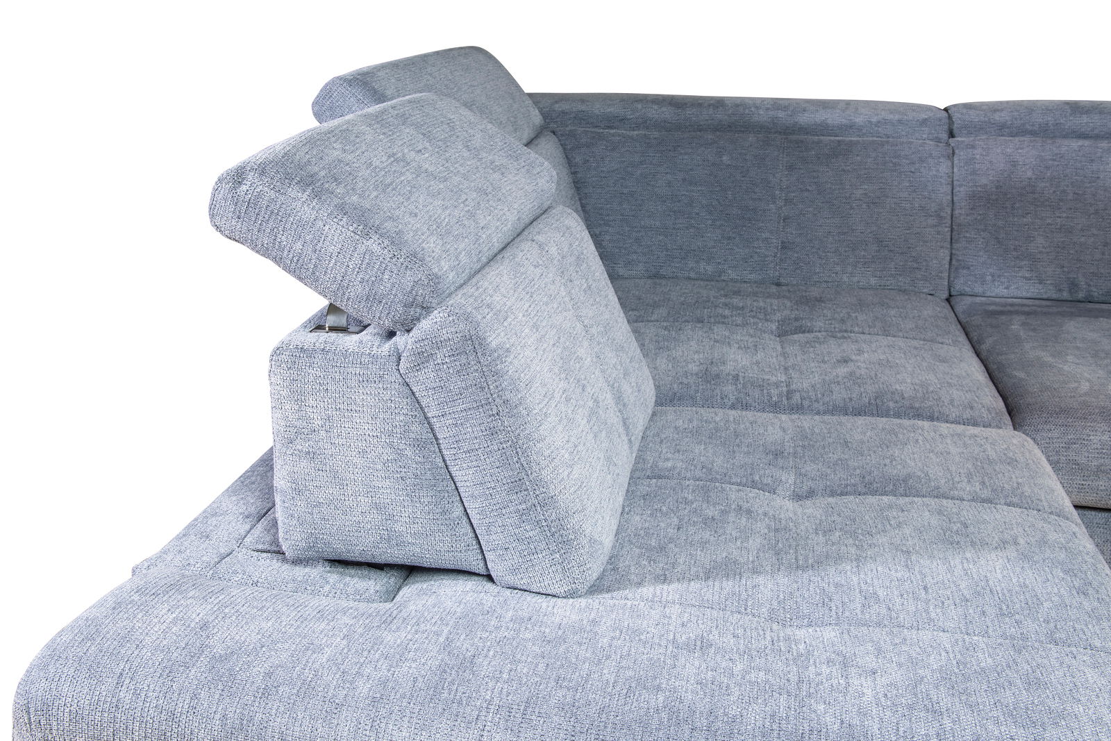 Graues Ecksofa mit verstellbaren Kopfstützen, seitliche Perspektive
