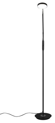 Stehleuchte mit rundem Lampenschirm, schwarzem Ständer und Kabel, seitliche Perspektive