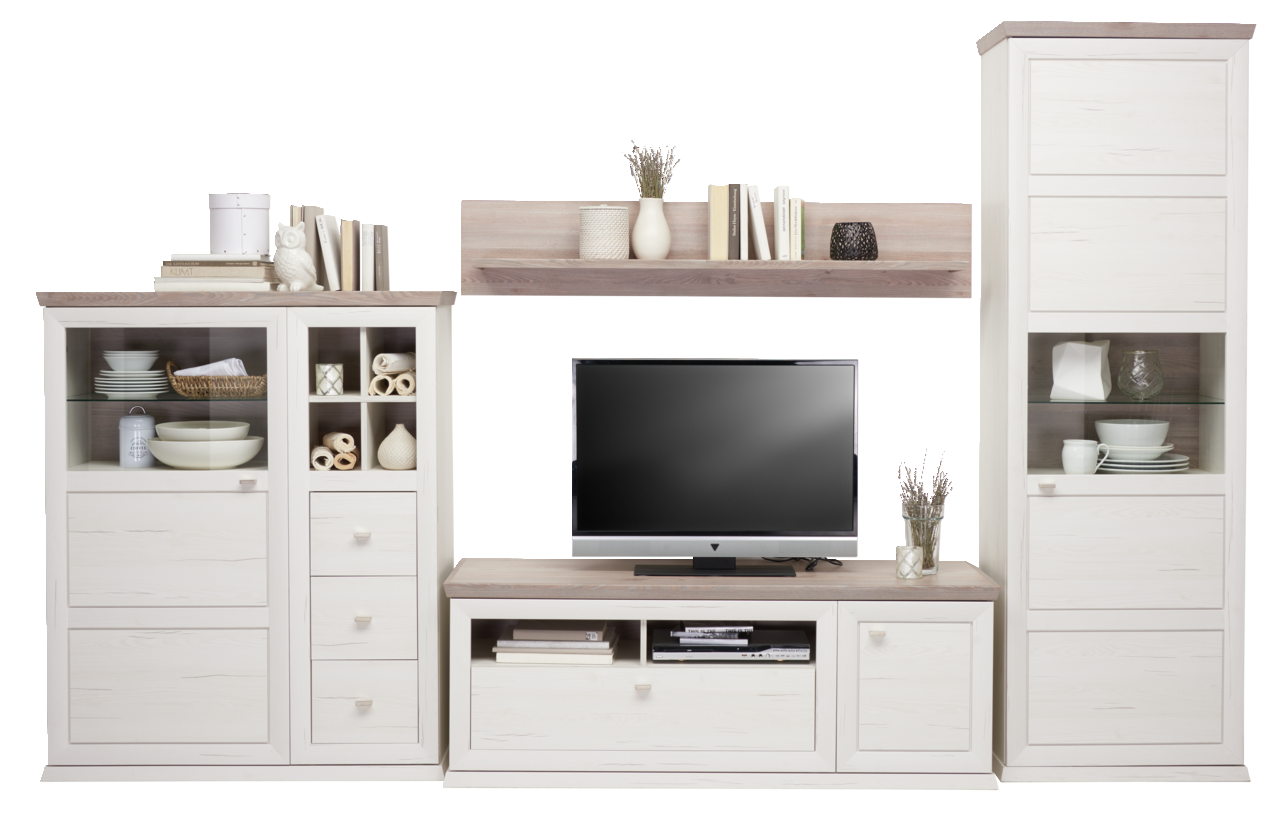 Wohnwand in heller Holzoptik mit mehreren Schränken, Regalen und einem TV-Schrank, frontal betrachtet.