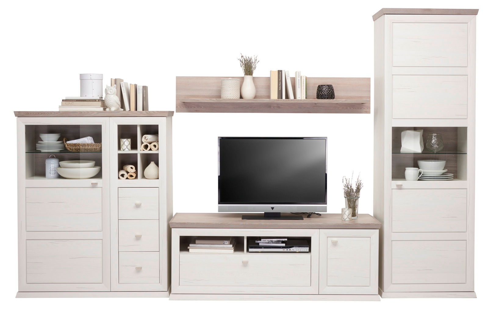 Wohnwand in heller Holzoptik mit mehreren Schränken, Regalen und einem TV-Schrank, frontal betrachtet.