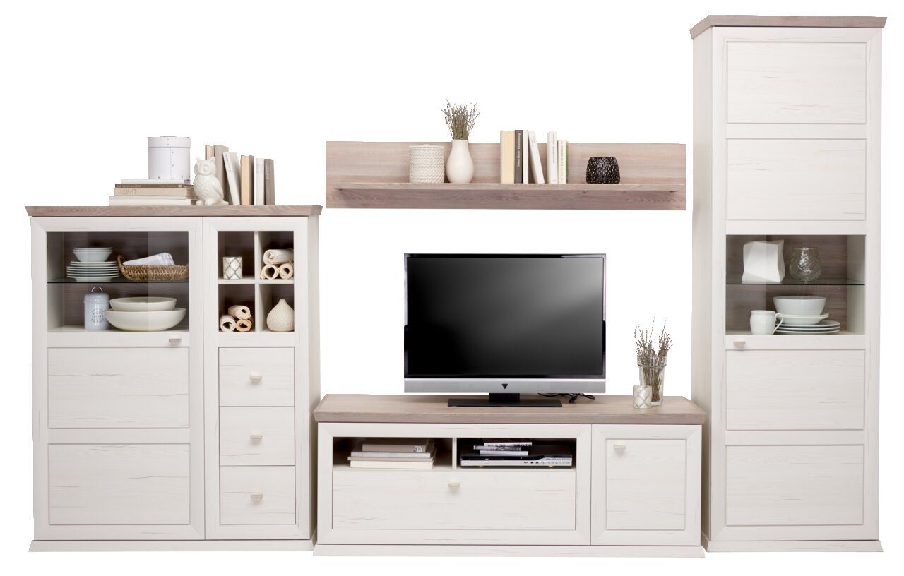 Wandmeubel in lichte houtlook met diverse kasten, planken en een tv-meubel, gezien vanaf de voorkant.