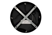 Rückansicht einer runden LED-Hängeleuchte mit Metallkreuz zur Befestigung und sichtbaren Kabeln.