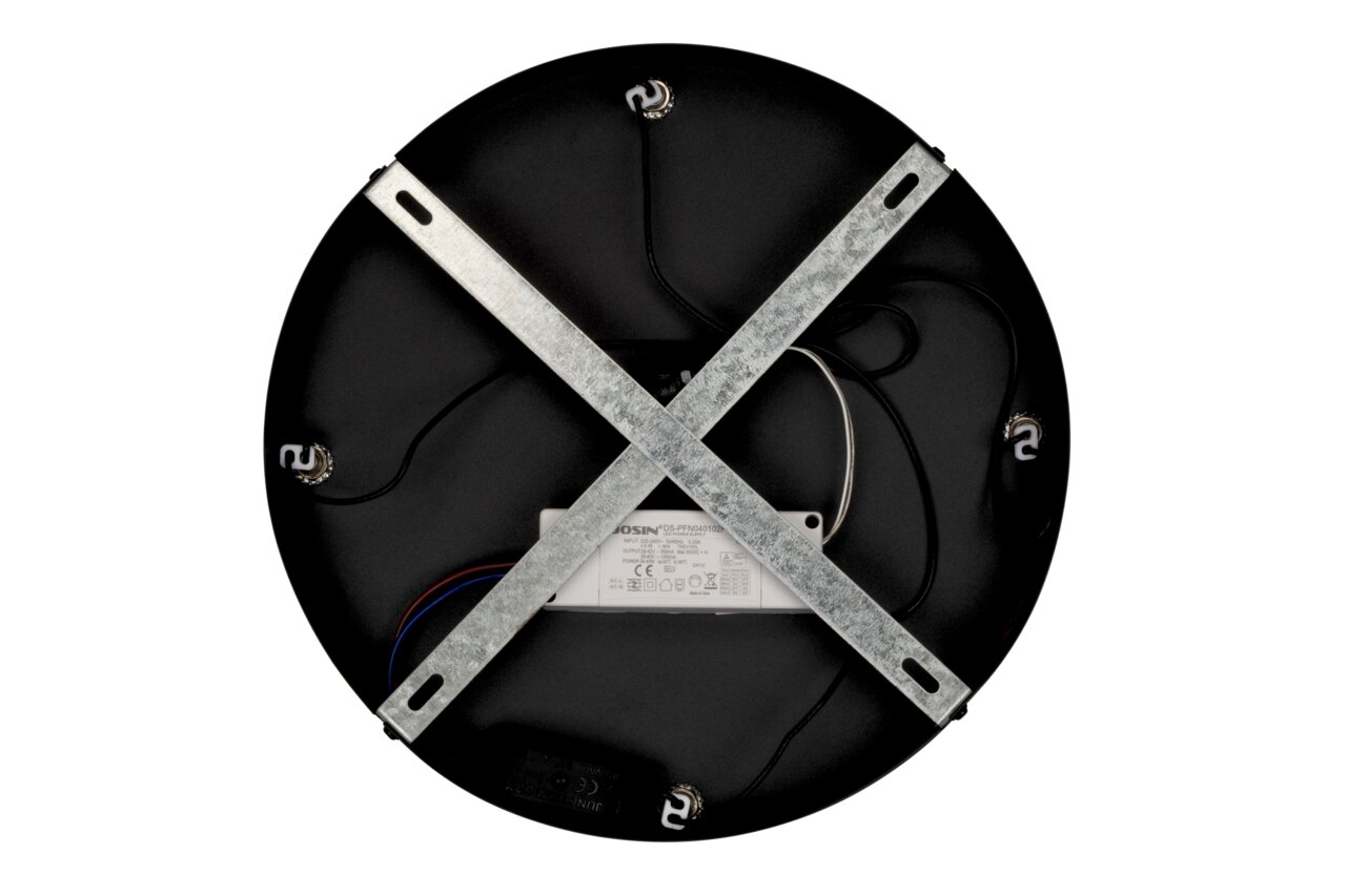 Rückansicht einer runden LED-Hängeleuchte mit Metallkreuz zur Befestigung und sichtbaren Kabeln.