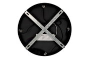 Rückansicht einer runden LED-Hängeleuchte mit Metallkreuz zur Befestigung und sichtbaren Kabeln.