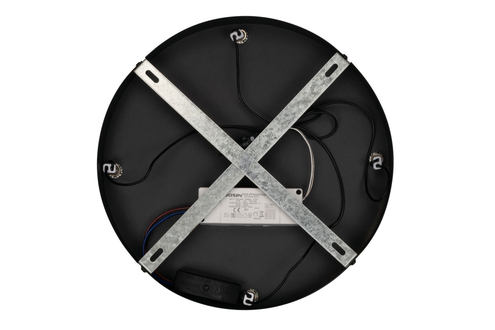 Rückansicht einer runden LED-Hängeleuchte mit Metallkreuz zur Befestigung und sichtbaren Kabeln.