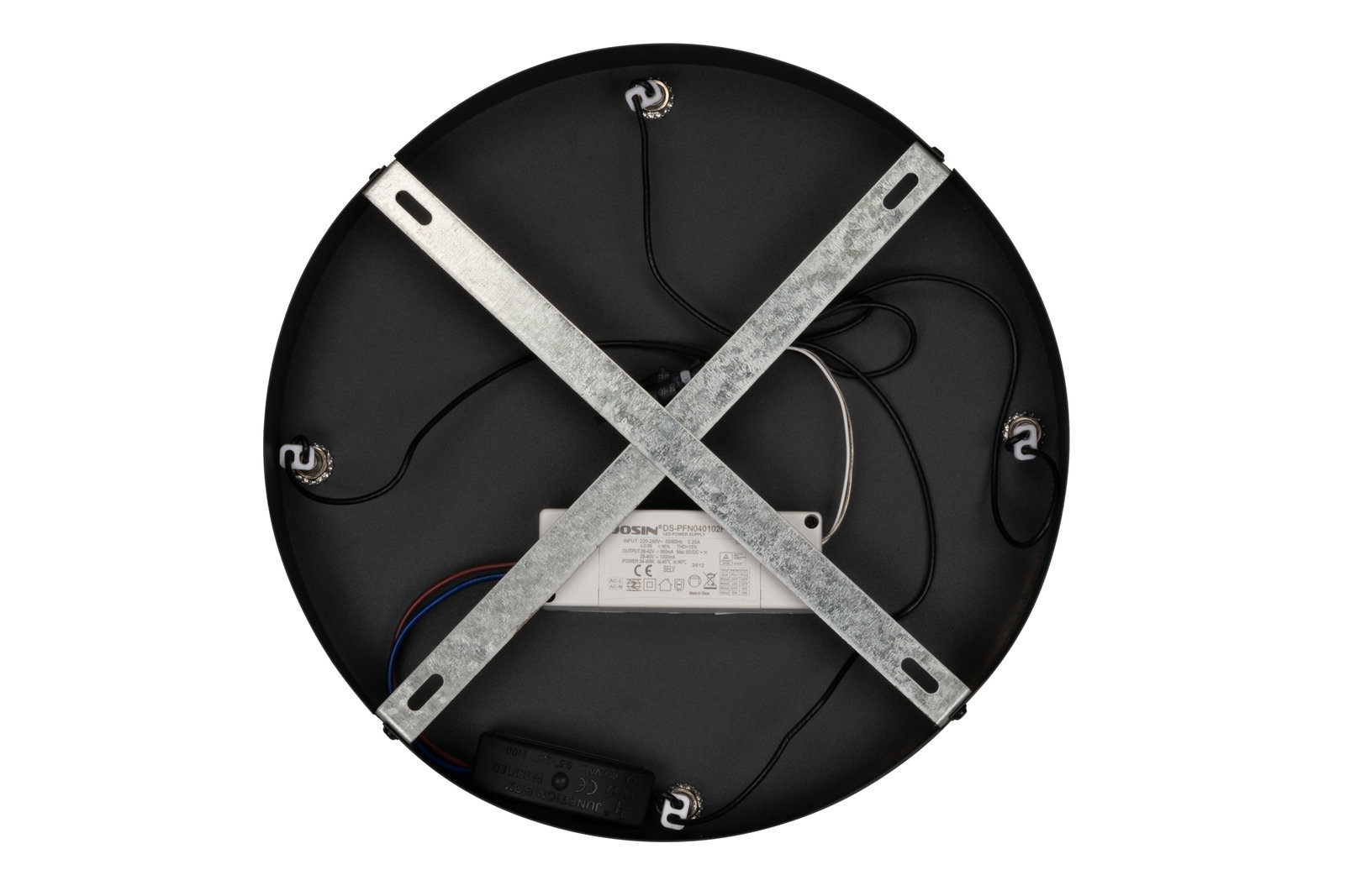 Rückansicht einer runden LED-Hängeleuchte mit Metallkreuz zur Befestigung und sichtbaren Kabeln.