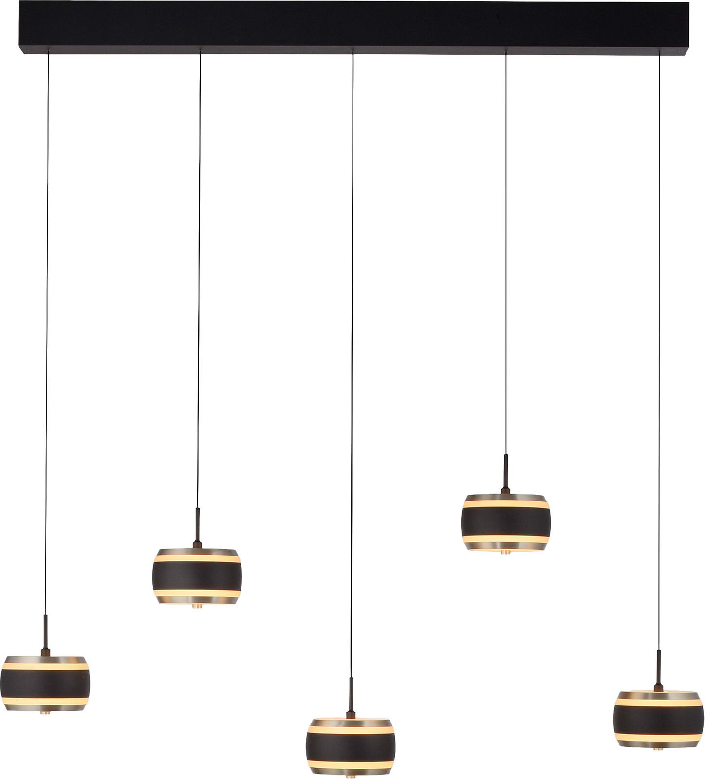Moderne LED-Pendelleuchte mit fünf hängenden Lampenschirmen, schwarze und goldene Akzente, Frontalansicht.