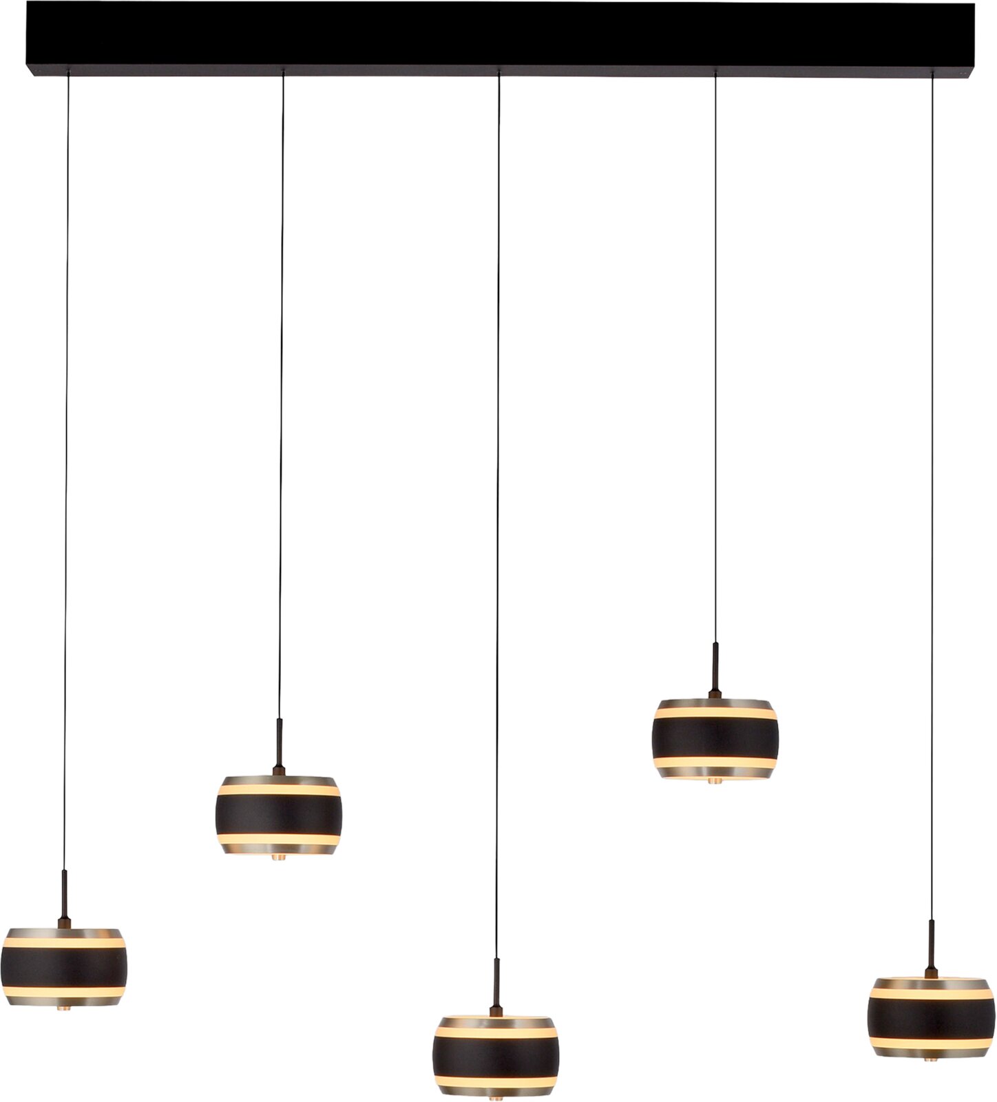 Neuhaus Pure LED-hanglamp PURE FALLING RINGS Moderne LED-hanglamp met vijf hangende lampenkappen, zwarte en gouden accenten, vooraanzicht.