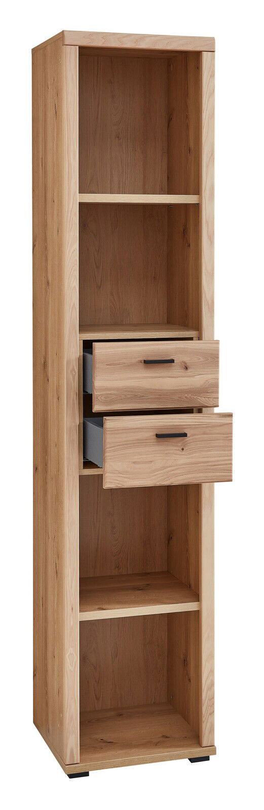 Schmales Aktenregal aus Holz mit zwei offenen Fächern und zwei Schubladen, frontal betrachtet.