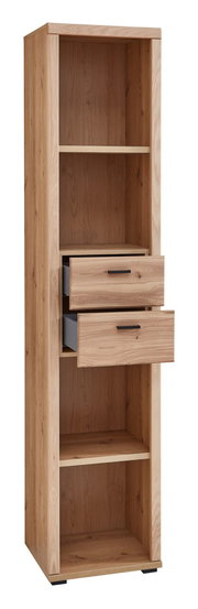 Schmales Aktenregal aus Holz mit zwei offenen Fächern und zwei Schubladen, frontal betrachtet.