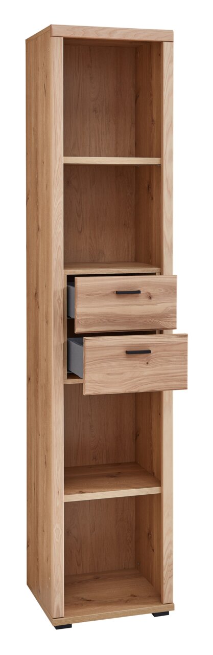 Schmales Aktenregal aus Holz mit zwei offenen Fächern und zwei Schubladen, frontal betrachtet.